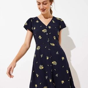 LOFT Navy Midi Dress with Yellow Floral Print